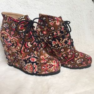 Kimchi Blue Velvet Tapestry Print Wedge Booties